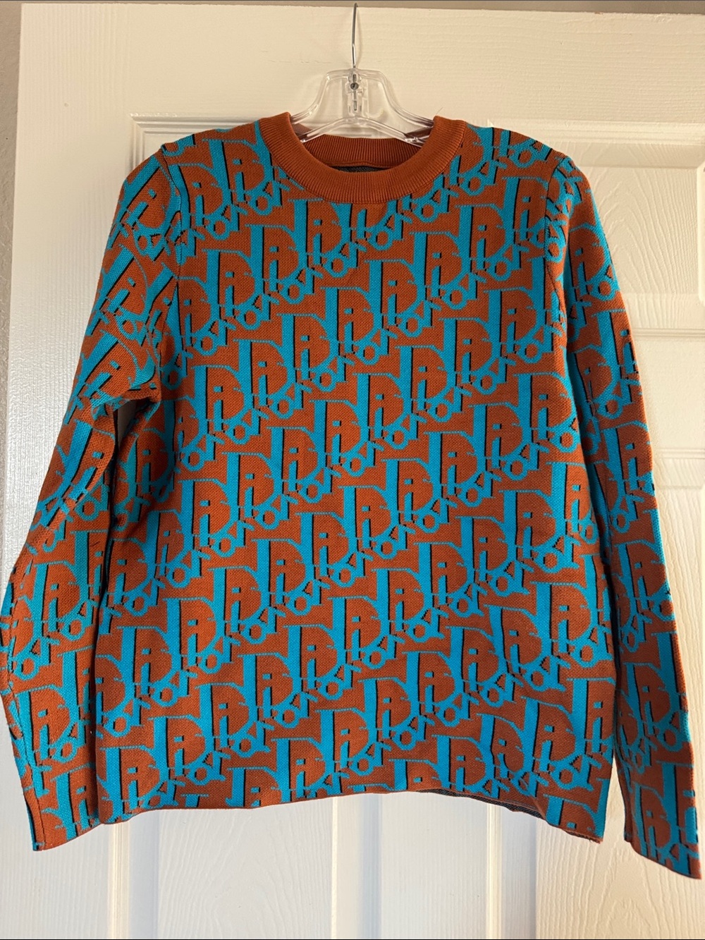 Men's Brown & Teal Patterned Crewneck Sweater
